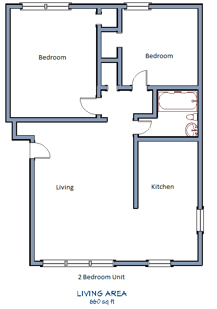 Floor plan for 2 beds, 1 bath, 665 sqft